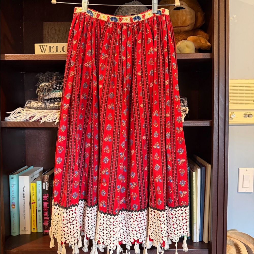 Vintage Red Floral Midi Skirt with Tassel Hem